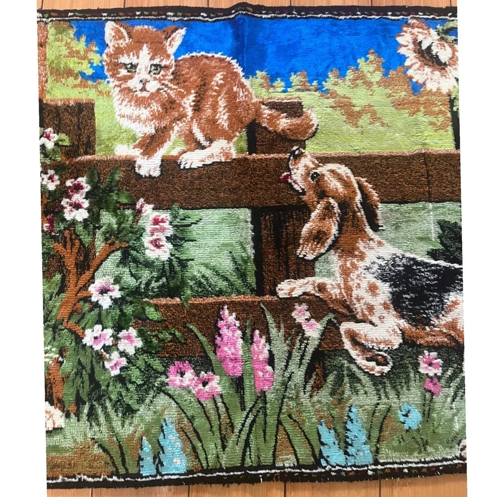 Vintage Velvet Tapestry Kittens Beagle Dog Garden Wall Hanging 38x19 Retro Decor